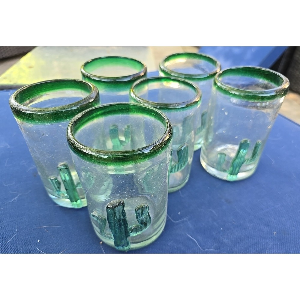 Set of 6 Mexican Hand-Blown Glass Saguaro Cactus Tumblers w/ Green Rims READ